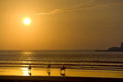 Three horse riders riding along the shore at sunset, Essouira, Morocco, Africa