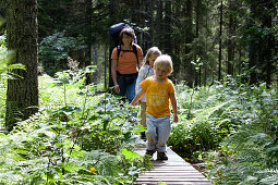 Frau und zwei Mädchen wandern im Nationalpark Skuleskogen, Höga Kusten, Västernorrland, Schweden, Europa