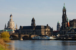 City view with the Elbe River, Augustus Bridge, Frauenkirche, Church of our Lady, Ständehaus, town hall tower, Hofkirche, Dresden, Saxony, Germany
