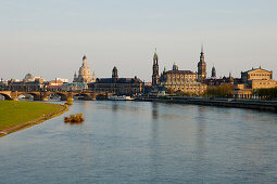 City view with the Elbe River, Augustus Bridge, Frauenkirche, Church of our Lady, Ständehaus, Hofkirche, Hausmannsturm, tower of the Dresden Castle, Semperoper, opera house, Dresden, Saxony, Germany