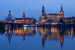 City view with Elbe River, Augustus Bridge, Frauenkirche, Church of our Lady, Ständehaus, town hall tower, Hofkirche and Hausmannsturm, tower of Dresden Castle, Dresden, Saxony, Germany