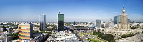 Panoramic view of the Palace of Culture and Sciences and modern high rise buildings, Warsaw, Poland, Europe