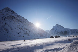 Cross-country skier in Paznaun valley, near Galtuer, Tyrol, Austria