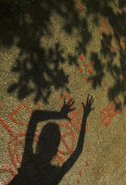 Shadow from tree and children over petroglyph, Sweden