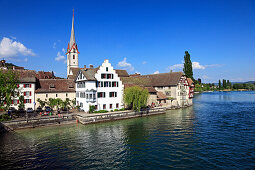 St. Georgen monastery at the lake under blue sky, Stein am Rhein, High Rhine, Lake Constance, Canton Schaffhausen, Switzerland, Europe