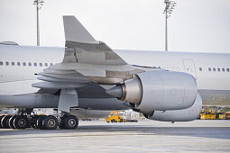 Wing with two engines, Munich airport, Bavaria, Germany