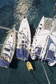 Sailing boats seen from the crows nest, high angle view, bird´s eye view, Mediterranean sea, Greece, Europe