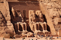 Tourists in front of the Temple of Rameses II., Abu Simbel, Egypt, Africa