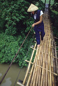 Woman crossing hanging bridge over Loboc River, Loboc, Bohol Island, Philippines, Asia