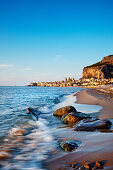 Beach, old town, cathedral and cliff La Rocca, Cefalú, Palermo, Sicily, Italy