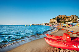 Beach, old town, cathedral and cliff La Rocca, Cefalú, Palermo, Sicily, Italy