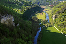 View over the Danube valley towards Beuron monastery, Upper Danube nature park, Danube river, Baden-Württemberg, Germany