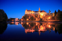 Sigmaringen castle at night, Upper Danube nature park, Danube river, Baden-Württemberg, Germany
