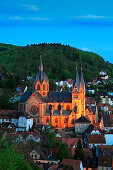 View over the town towards the illuminated cathedral, Parish church of St. Peter, Heppenheim, Hessische Bergstrasse, Hesse, Germany