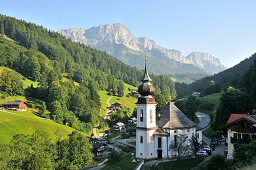 Pilgrimage church with Hochthron in the high valley of Maria Gern near Berchtesgaden, Berchtesgadener Land, Upper Bavaria, Bavaria, Germany
