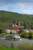 Excursion ship at Neckar river, view to Mittelburg castle, Neckarsteinach, Neckar, Baden-Württemberg, Germany