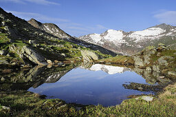 Mountains reflecting in a small lake in the mountains, Hangerer, Gurgl, Oetztal mountain range, Oetztal, Tyrol, Austria