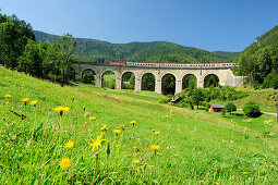 Zug fährt über Fleischmannviadukt, Semmeringbahn, UNESCO Weltkulturerbe Semmeringbahn, Niederösterreich, Österreich