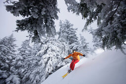 Downhill skiing in deep snow, Grouse Mountain, British Columbia, Canada