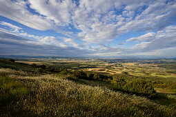 View from Alto del Perdon, Sierra del Perdon, near Pamplona, Camino Frances, Way of St. James, Camino de Santiago, pilgrims way, UNESCO World Heritage, European Cultural Route, province of Navarra, Northern Spain, Spain, Europe