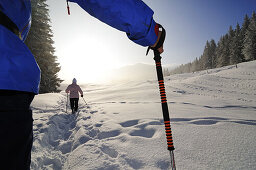 Menschen wandern auf dem ersten Premium Winterwanderweg Deutschlands, Hemmersuppenalm, Reit im Winkl, Chiemgau, Bayern, Deutschland, Europa