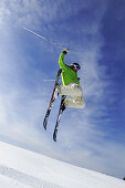 View at skier during jump, Reit im Winkl, Chiemgau, Upper Bavaria, Bavaria, Germany, Europe