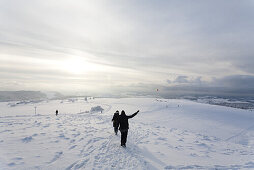 promenader, tourist, landscape, scenery, snow, snowy, snow-covered, snow, to leave one's mark in the snow, winter, near Gersfeld, Wasserkuppe, low mountain range, Rhoen, Hesse, Germany