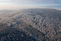 Luftbild von einem verschneitem Mischwald bei Hannover, Niedersachsen, Deutschland