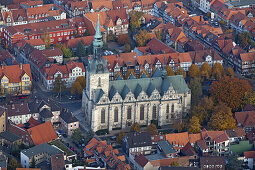 Aerial view of St Mary's Church, Marienkirche in Wolfenbuettel, Lower Saxony, Germany