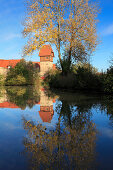 View over Wornitz river to Baeuerlin Tower, Dinkelsbuehl, Franconia, Bavaria, Germany