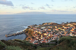View at Vila Nova village, Island of Flores in background, Island of Corvo, Azores, Portugal, Europe