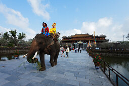 Tourist riding elefant, Citadel, Imperial City, Hue, Trung Bo, Vietnam