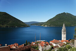 View of Sveti Nikola church with bell tower, Perast, Bay of Kotor, Montenegro, Europe