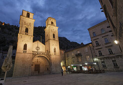 The illuminated St Tryphon cathedral in the evening, Kotor, Montenegro, Europe
