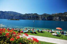 People sunbathing, Malcesine, Lake Garda, Veneto, Italy