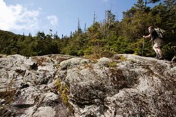 A hiker ascending Ammonoosuc Ravine Trail during the summer months Located in the White Mountains, New Hampshire USA