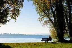 Benches on the west side of the Fraueninsel, Chiemsee, Chiemgau, Upper Bavaria, Bavaria, Germany