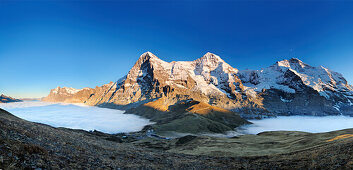 Panorama of Wetterhorn, Eiger, Moench and Jungfrau above Kleine Scheidegg, sea of fog above Grindelwald, Kleine Scheidegg, Grindelwald, UNESCO World Heritage Site Site Swiss Alps Jungfrau - Aletsch, Bernese Oberland, Bern, Switzerland, Europe