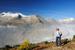 Frau wandert auf Weg über Grosser Aletschgletscher, Grosser Aletschgletscher, UNESCO Welterbe Schweizer Alpen Jungfrau - Aletsch, Berner Alpen, Wallis, Schweiz, Europa