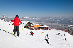 Skiers at skiing area Great Arber, Bavarian Forest, Bayerisch Eisenstein, Lower Bavaria, Germany, Europe