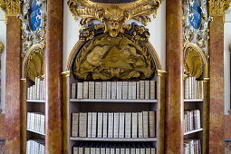 Detail der alten Bibliothek der Benediktinerabtei Ottobeuren, Kloster Ottobeuren, Ottobeuren, Bayern, Deutschland, Europa