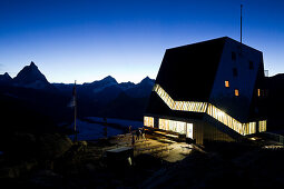 New Monte-Rosa-Hut at night, Matterhorn in background, Zermatt, Canton of Valais, Switzerland, myclimate audio trail