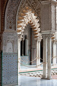 Detail of the Patio de las Doncellas, Alcázar of Seville, royal palace originally a Moorish fort, Seville, Spain