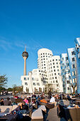 Modern buildings under blue sky, Neuer Zollhof, Frank O. Gehry, Media Harbour, Düsseldorf, Duesseldorf, North Rhine-Westphalia, Germany, Europe