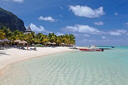 Beach and Le Morne Brabant mountain in the sunlight, Beachcomber Hotel Paradis &amp;amp;amp; Golf Club, Mauritius, Africa