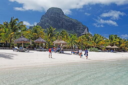 Beach and Le Morne Brabant mountain in the sunlight, Beachcomber Hotel Paradis &amp;amp;amp;amp;amp; Golf Club, Mauritius, Africa