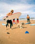Surflehrer mit Schülern und Hund, Escuela cantabria de surf, Playa de Somo, bei Santander, Kantabrien, Spanien