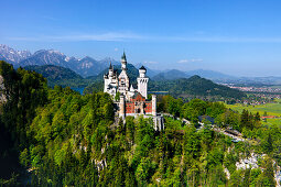 Blick auf Schloss Neuschwanstein mit Tannheimer Bergen im Hintergrund, Ostallgäu, Deutschland, Europa