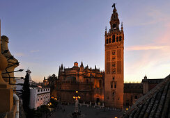 Kathedrale Santa Maria de la Sede und Giralda am Abend, Sevilla, Andalusien, Spanien