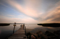 Jetty at dusk, Neeberg, Achterwasser, Usedom, Mecklenburg-Western Pomerania, Germany